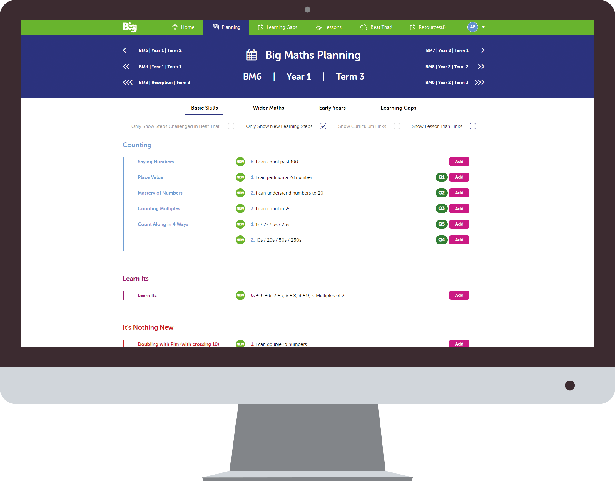 Big Maths Online planning view showing step-by-step lesson planning